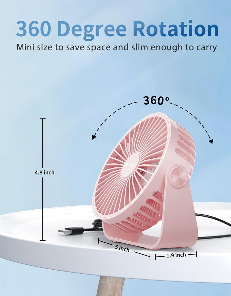 TriPole USB Desk Fan Portable Mini Fan Powerful 3 Speeds Wind Personal Desktop Fan with 360° Head Rotation for Home Office Car Indoor Outdoor Pink, No Battery, 4.5 Inches - Image 5